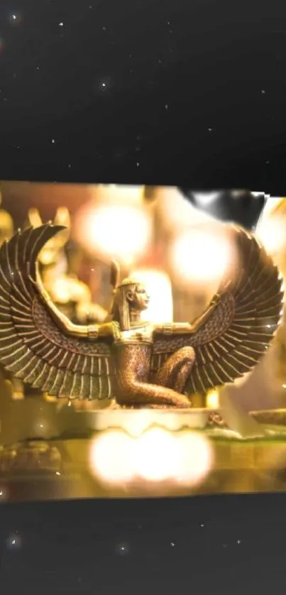 Golden Egyptian figure with wings on cosmic background.