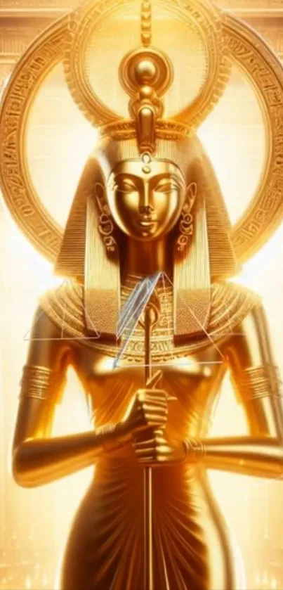 Golden Egyptian goddess statue art on a vibrant background.