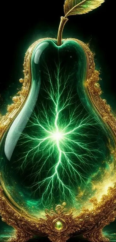 Golden pear with electric green details and ornate frame wallpaper.