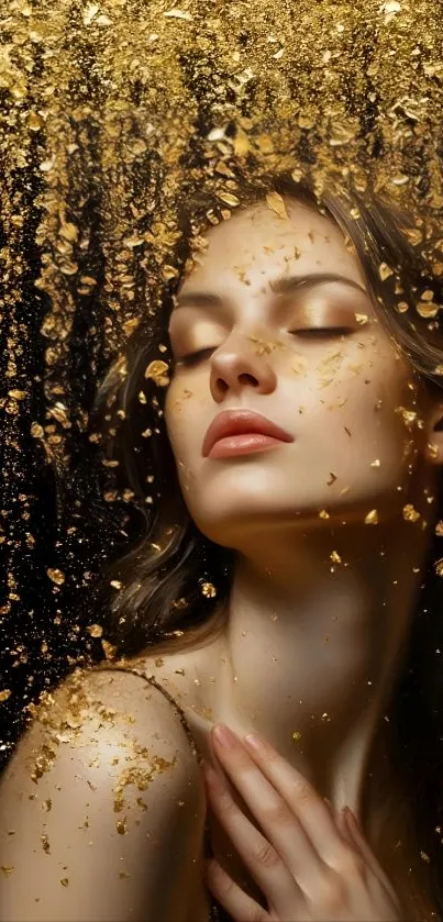Woman with gold flakes on face for mobile wallpaper.