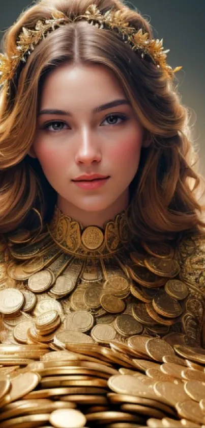 Woman adorned with gold coins, exuding elegance and luxury.