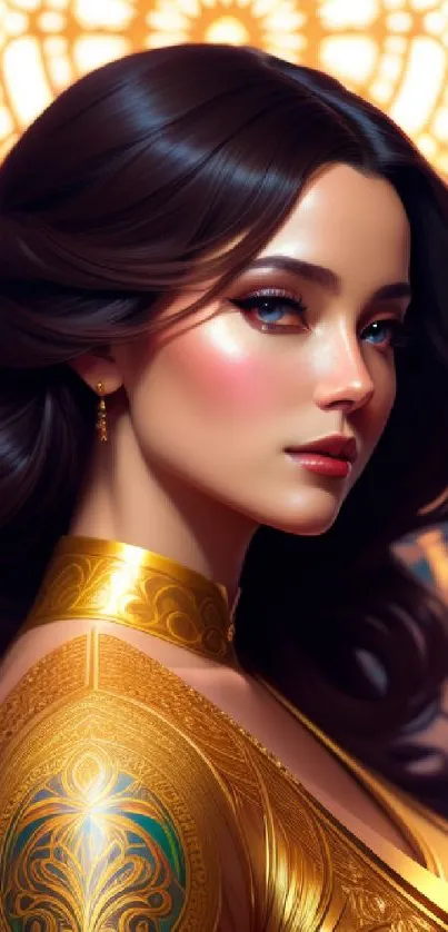 Elegant woman adorned in golden attire with intricate, artistic design.