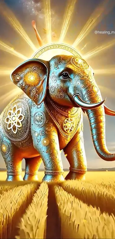 Golden ornate elephant with radiant sunburst.