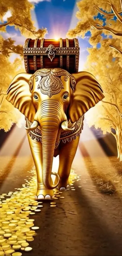 Golden elephant walking on coin pathway with forest background.