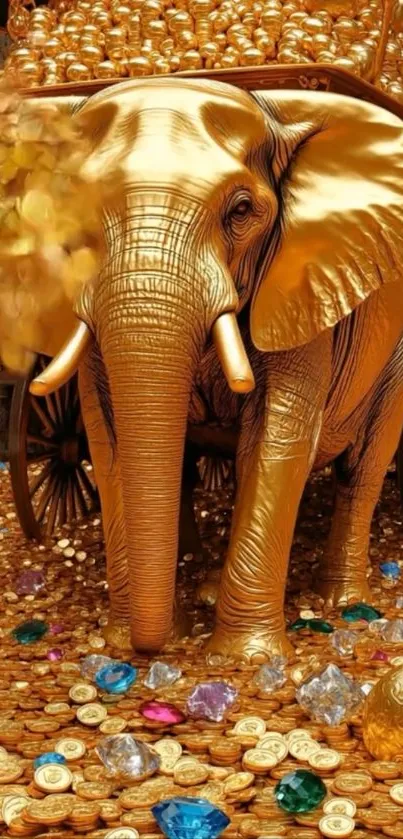 Majestic golden elephant amidst shining treasure and colorful gems.