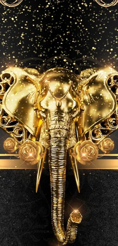 Luxurious gold elephant on black wallpaper.