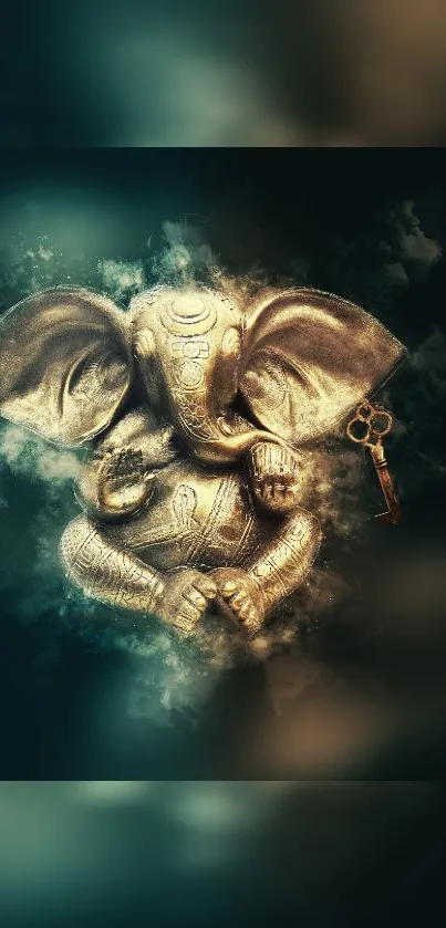 Golden elephant with a key on dark cyan background.