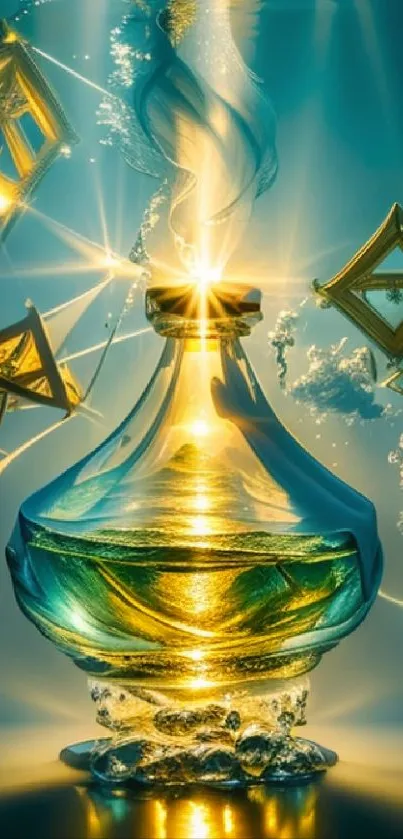 Fantasy art showing a glowing golden elixir bottle with intricate light effects.