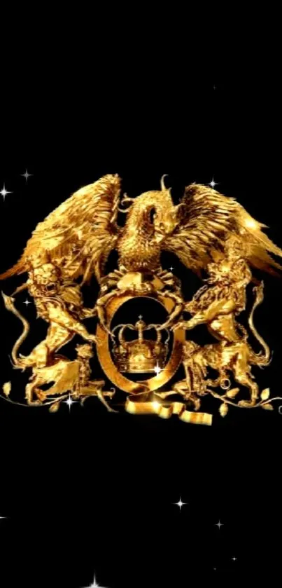 Golden emblem with lions and eagle on black background.