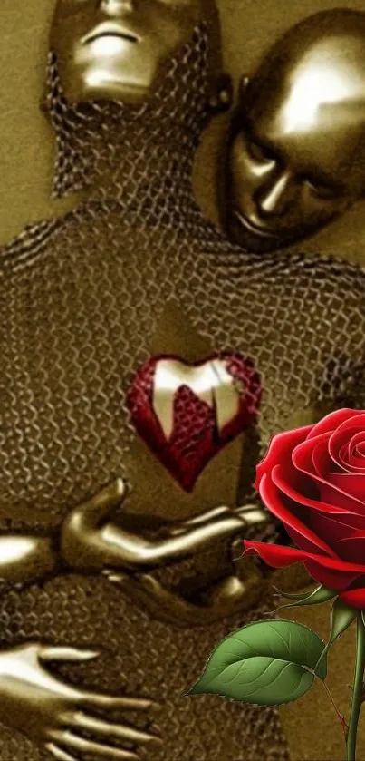 Golden mannequins embracing with a red heart and a vibrant red rose.