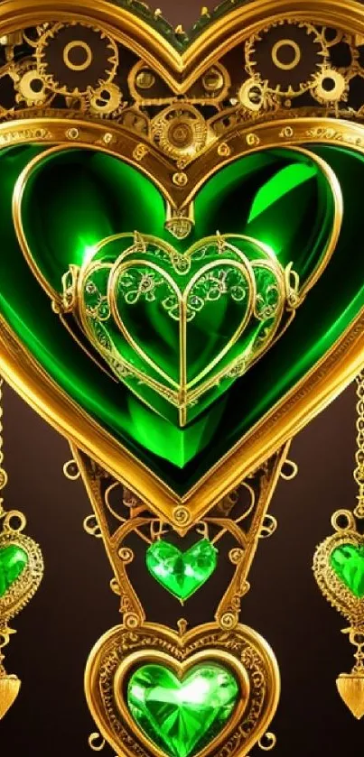 Golden heart with emerald jewel and intricate gear design.