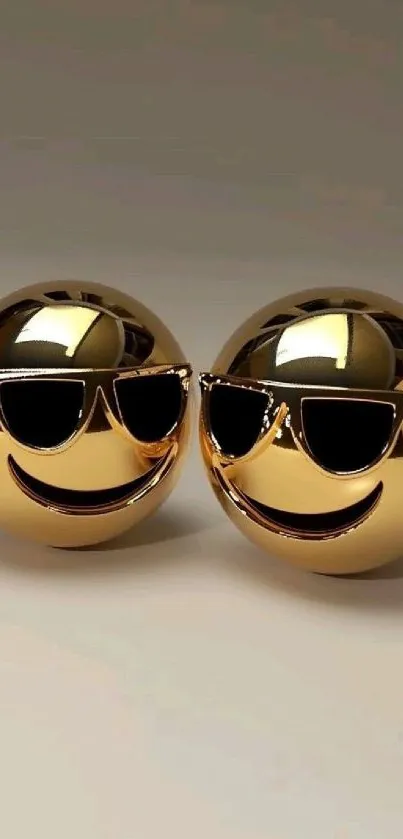 Two golden emoji spheres wearing sunglasses with smiles.