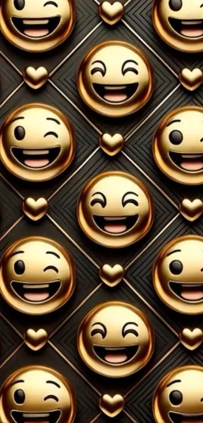 Golden emoji pattern wallpaper with smiling faces on dark background