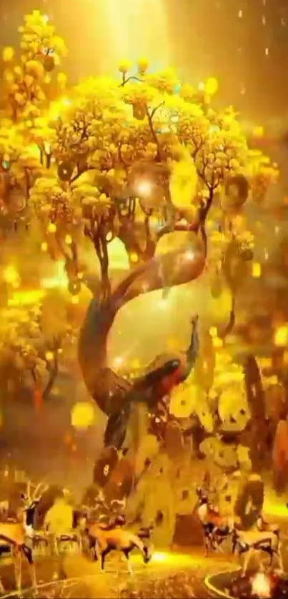 Enchanting golden forest with wildlife and majestic tree.