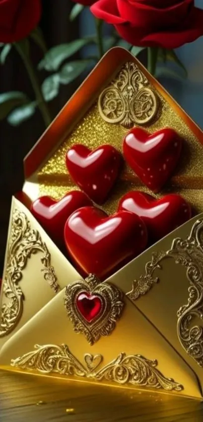 Luxurious gold envelope with red hearts and roses.