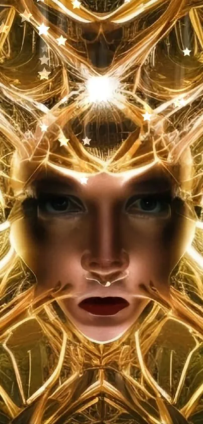 Ethereal face in golden art with intricate designs for mobile wallpaper.