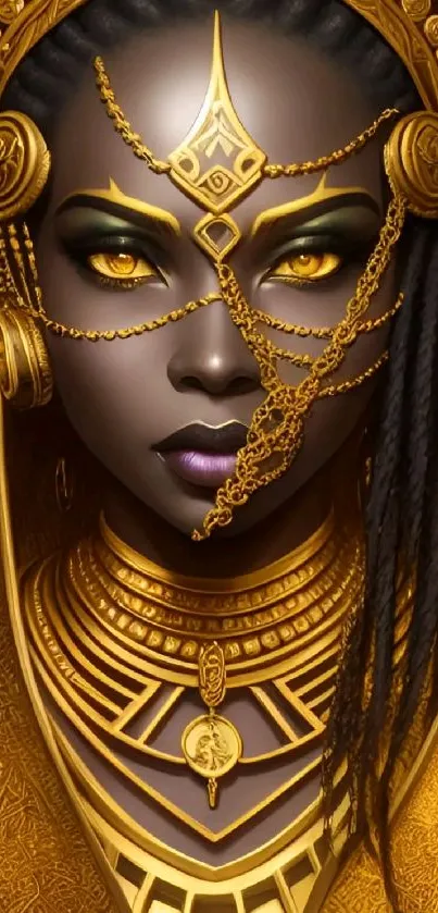 Ethereal portrait with golden jewelry and ornate design on mobile wallpaper.