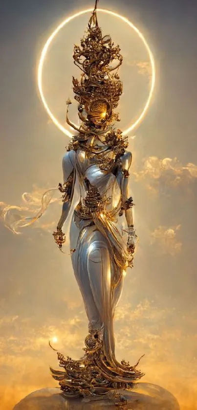 Golden sculpture with celestial halo in ethereal setting.