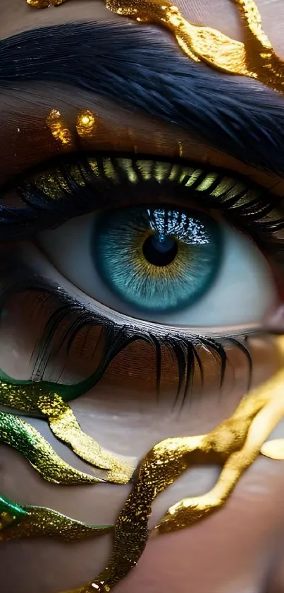 Close-up of a decorated eye with golden patterns.