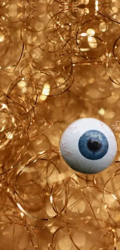 Abstract golden curls with a blue eyeball in digital art wallpaper.