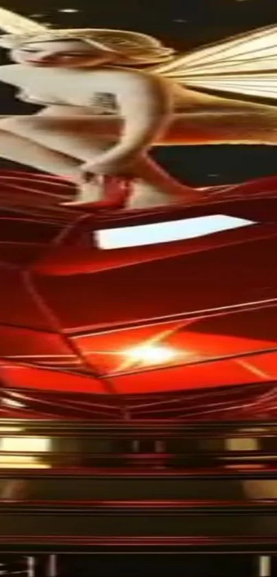 Golden fairy perched above a red geode with magical glow.