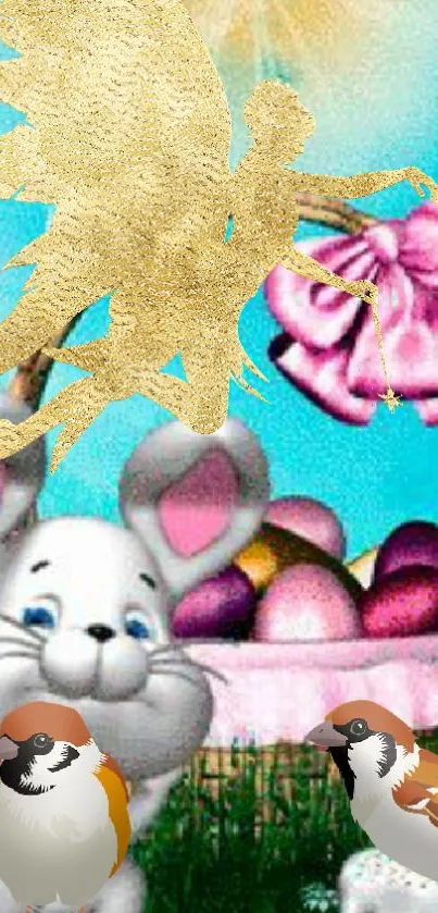 Golden fairy with Easter eggs and animals in a whimsical scene.