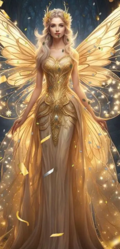 Golden-winged fairy in a magical forest setting with glowing ethereal design.