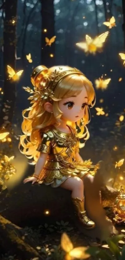 Golden fairy with butterflies in forest wallpaper.