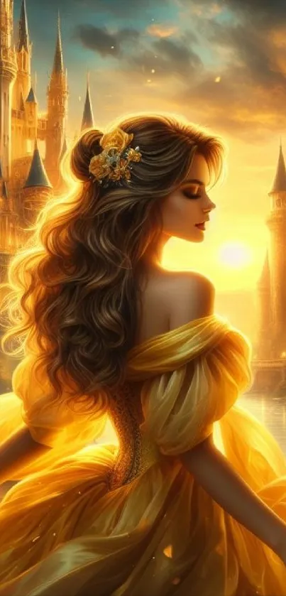 A woman in a golden dress with a fairytale castle at sunset.