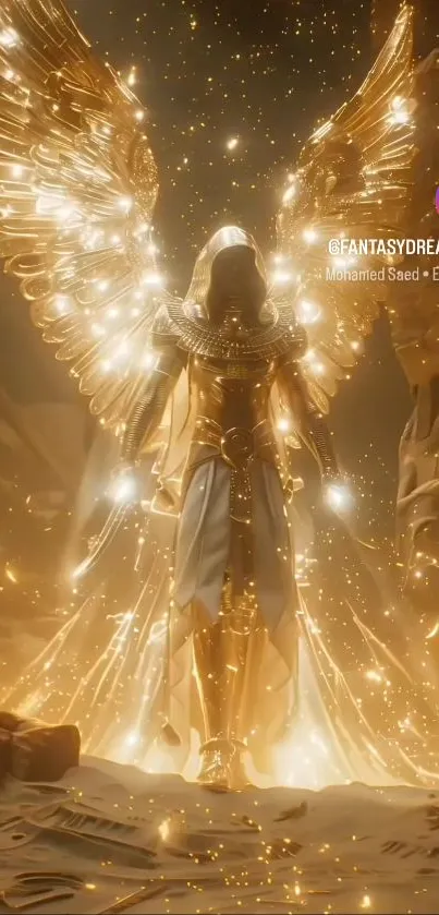 Golden angel with glowing wings in fantasy setting.