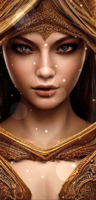 Golden fantasy art portrait mobile wallpaper with intricate design.