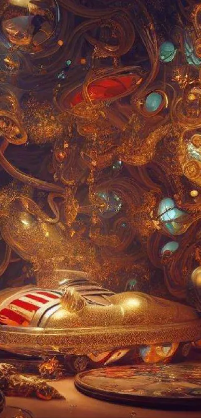 Golden brown fantasy art wallpaper with intricate surreal elements.