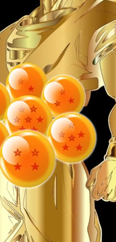 Golden character with orange spheres and stars.