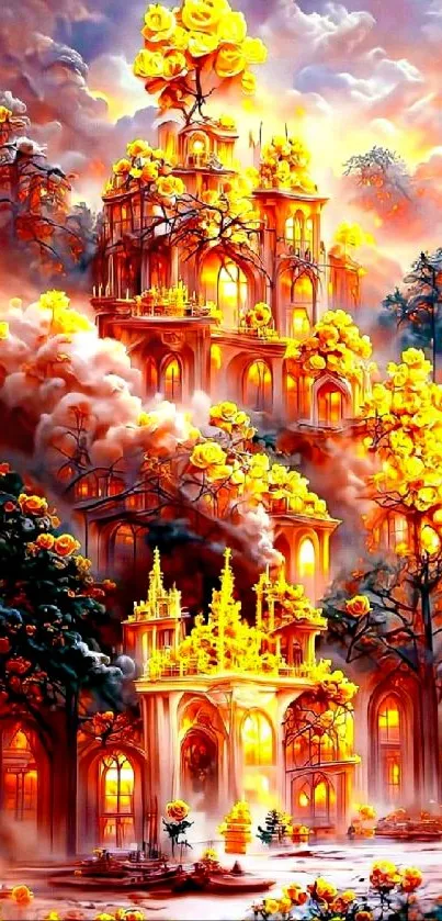 Golden fantasy castle with glowing flowers in an enchanted forest scene.