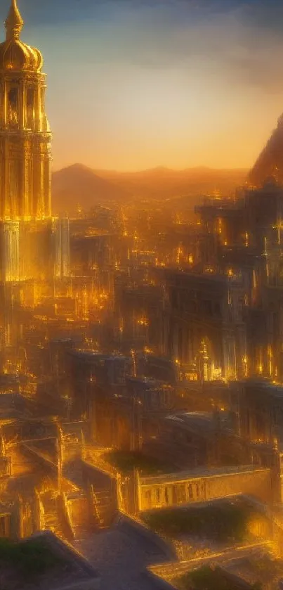 Golden fantasy cityscape at sunset, with intricate architecture and warm lighting.