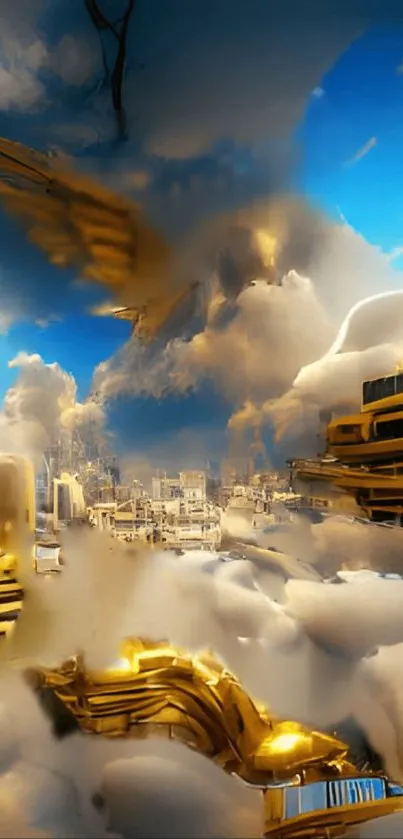 Golden skyscrapers and clouds under a vivid blue sky.