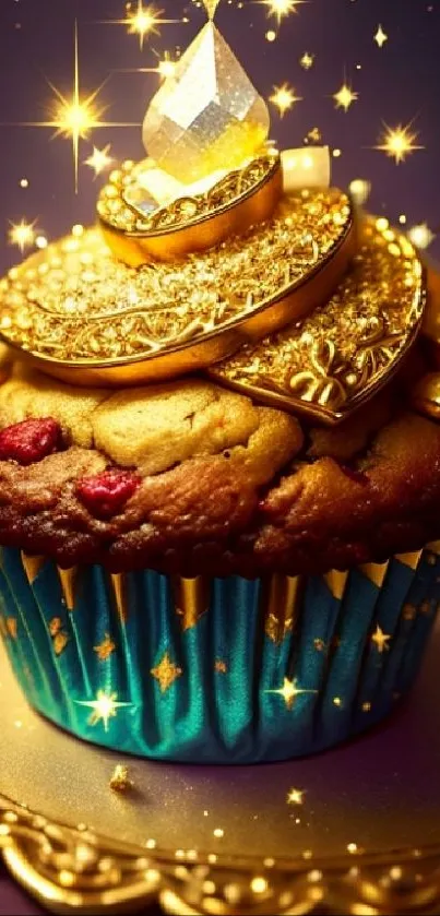 Golden cupcake with sparkling decorations as mobile wallpaper.