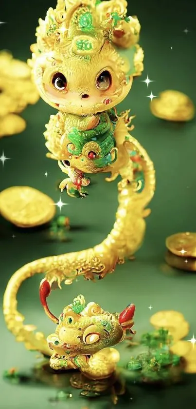 Golden fantasy dragon on dark background.