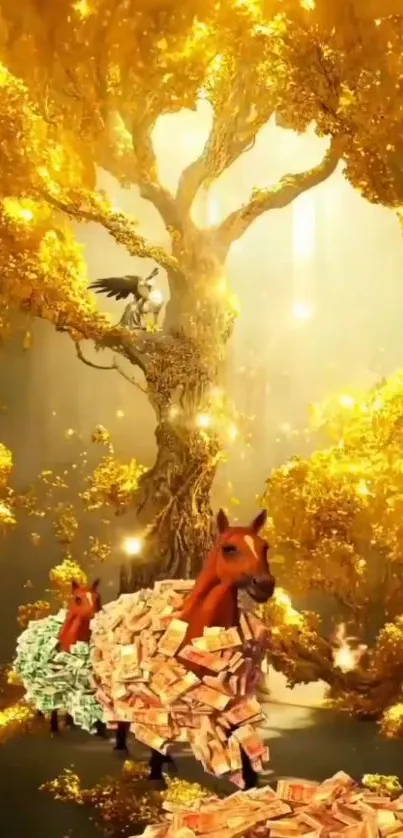 Golden fantasy wallpaper with tree and horses adorned in cash.