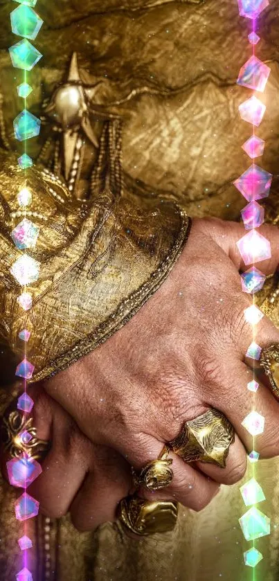 Ornate hands with golden rings and elegant sleeves, set in a fantasy theme.