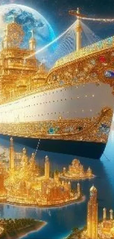 Fantasy ship with golden details on a stunning mobile wallpaper.