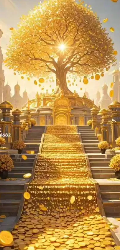 Golden fantasy tree with coins in a majestic setting.