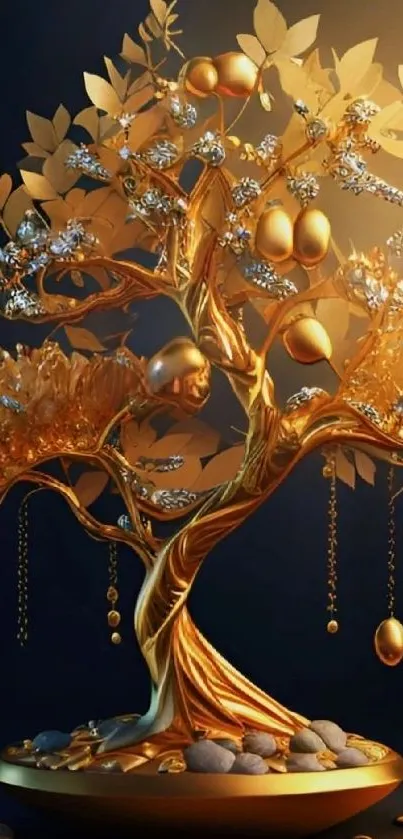 Golden tree with jewels on a dark background, stunning for mobile wallpaper.