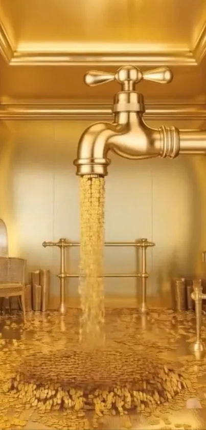 Golden faucet pouring coins into an opulent room.