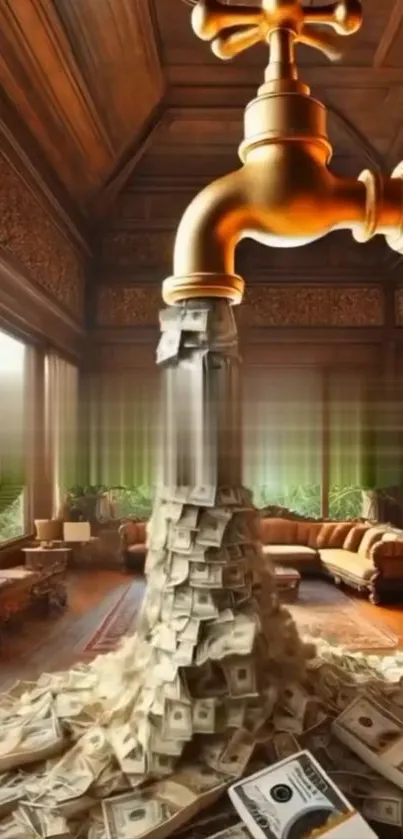 Golden faucet pouring money in luxurious room.