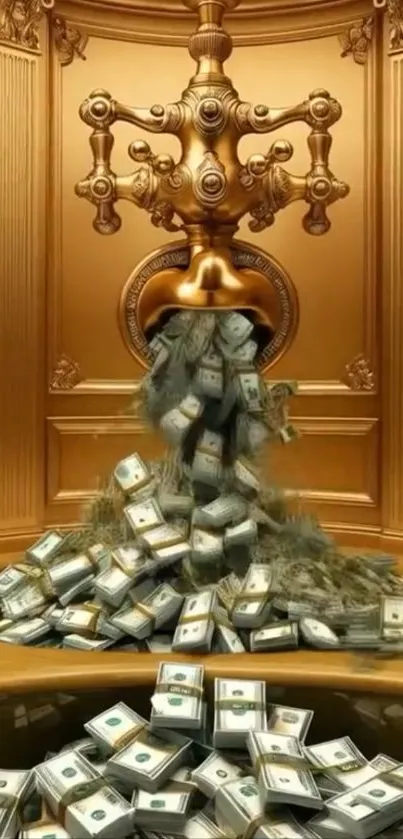 Golden faucet overflowing with money stacks.