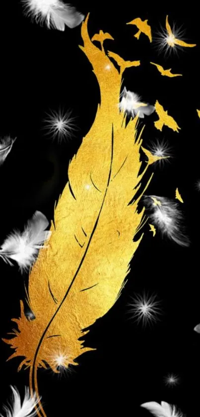 Elegant golden feather on black background wallpaper.