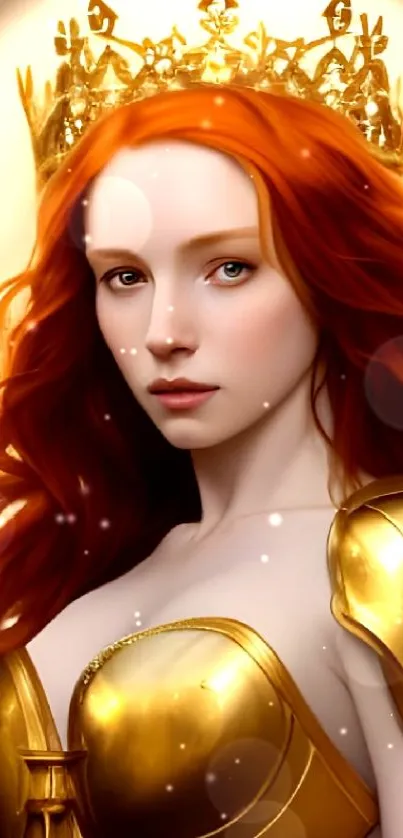 Golden armored female warrior with crown in fantasy art style.