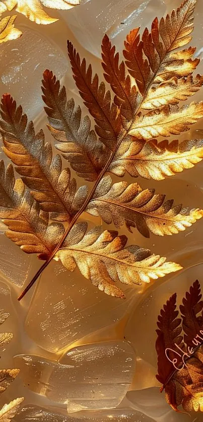 Elegant golden fern leaf wallpaper with artistic touch.