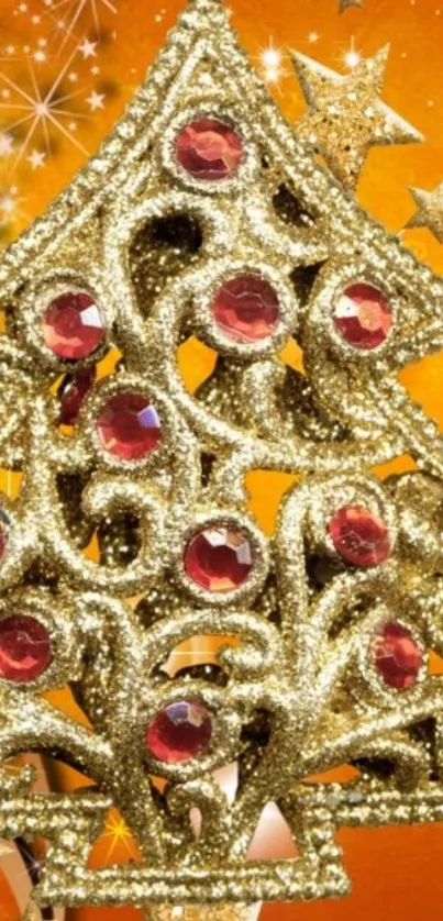 Golden Christmas tree with red jewel ornaments on orange background.